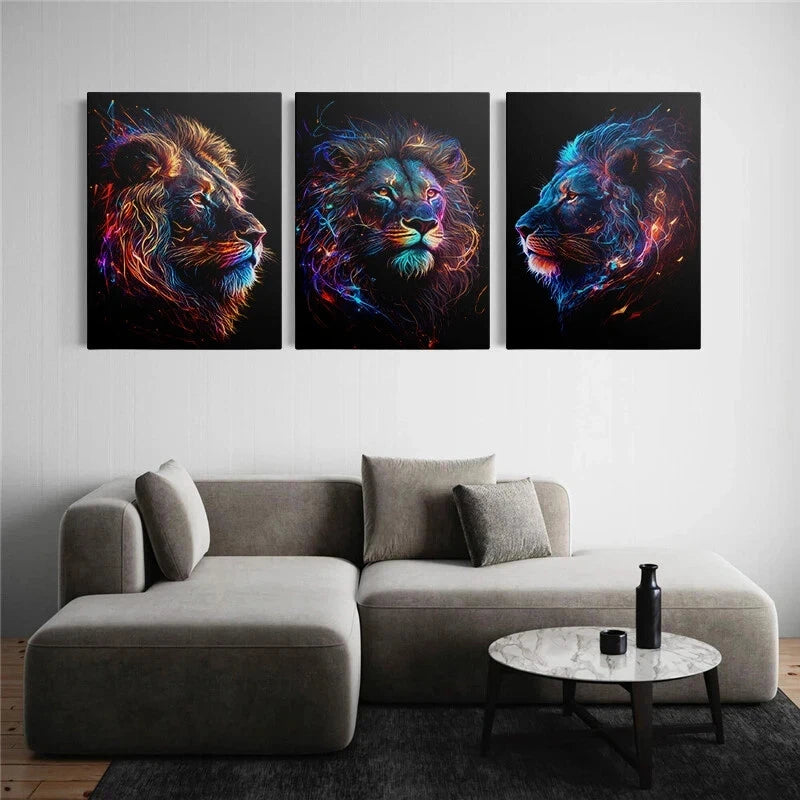 3pcs Neon Light Lion Vibrant Animal Eye Metal Print Ready to Hang Art