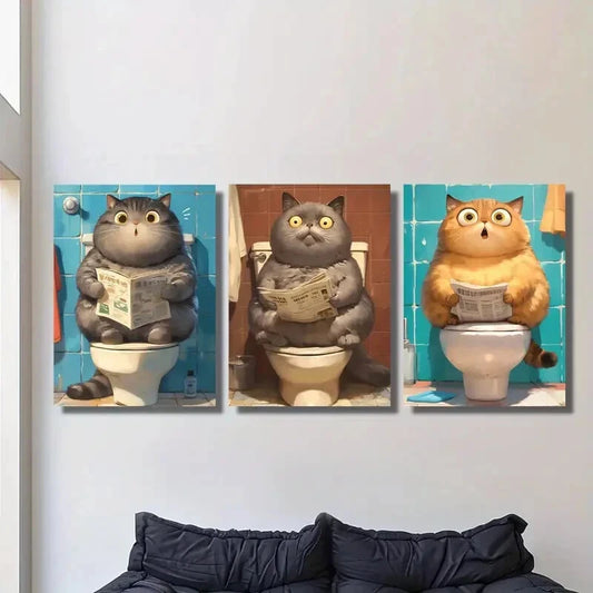 3pcs Whimsical Cat Animal Toilet Reading Metal Print Ready to Hang Art