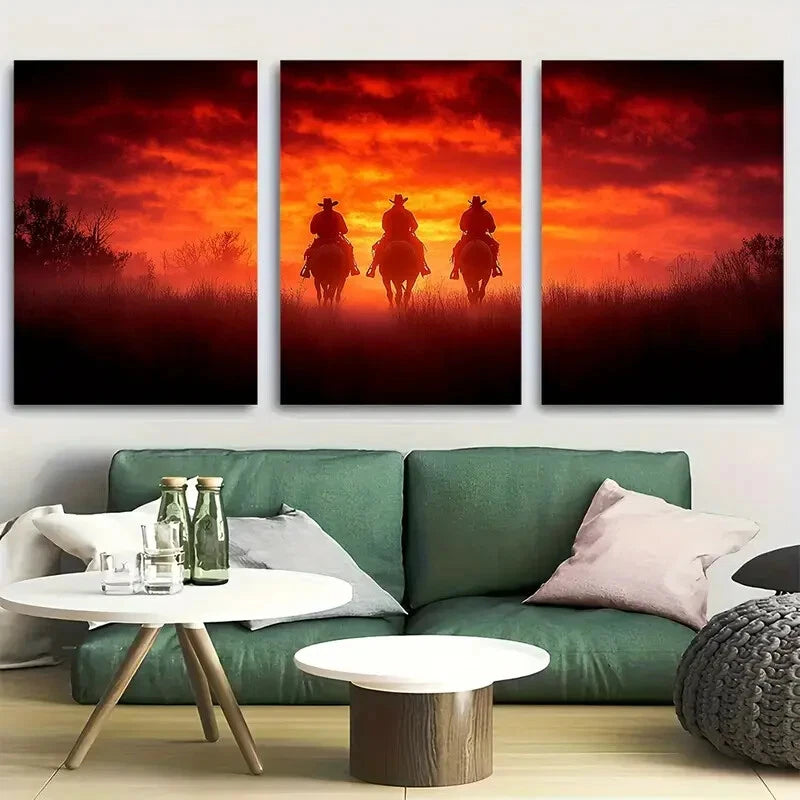 3pcs Cowboys Riding into the Sunset Metal Print Ready to Hang Art