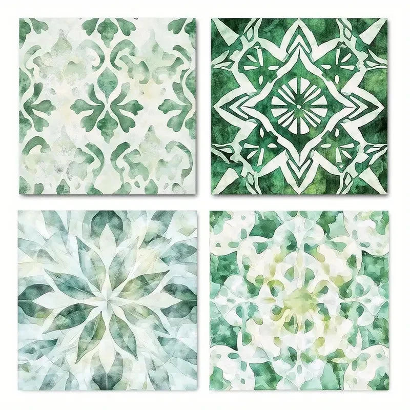 4pcs Flower Pattern Green Boho Indian Wall Art Canvas Framed