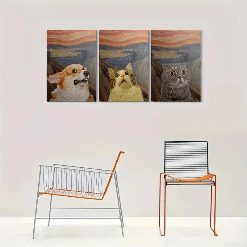 3pcs Cats in The Scream Animal Themed Metal Print Ready to Hang Art