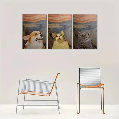 3pcs Cats in The Scream Animal Themed Metal Print Ready to Hang Art