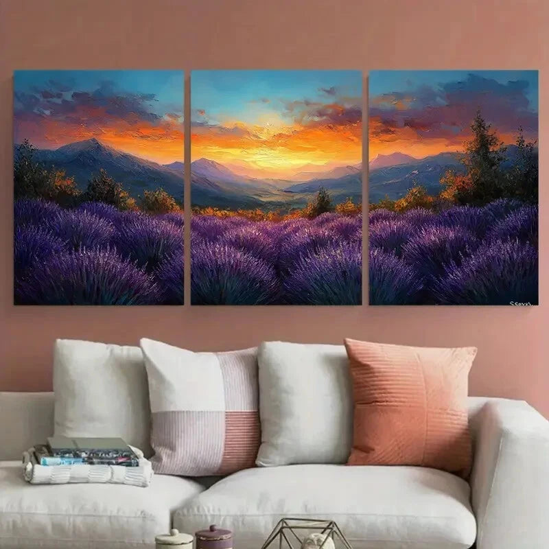 3pcs Provence Lavender Fields Mountain Sunset Metal Print Ready to Hang Art
