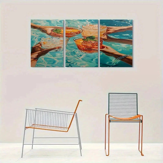 3pcs Refreshing Drinks and Hands in Water Metal Print Ready to Hang Art