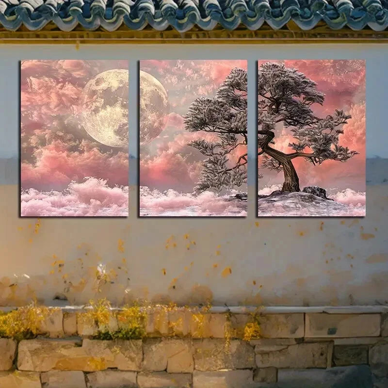 3pcs Red Pine Tree Stands Firm in The Winter Scene Metal Print Ready to Hang Art