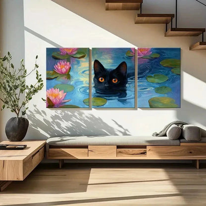 3pcs Black Cat with Vibrant Water Lilies Metal Print Ready to Hang Art