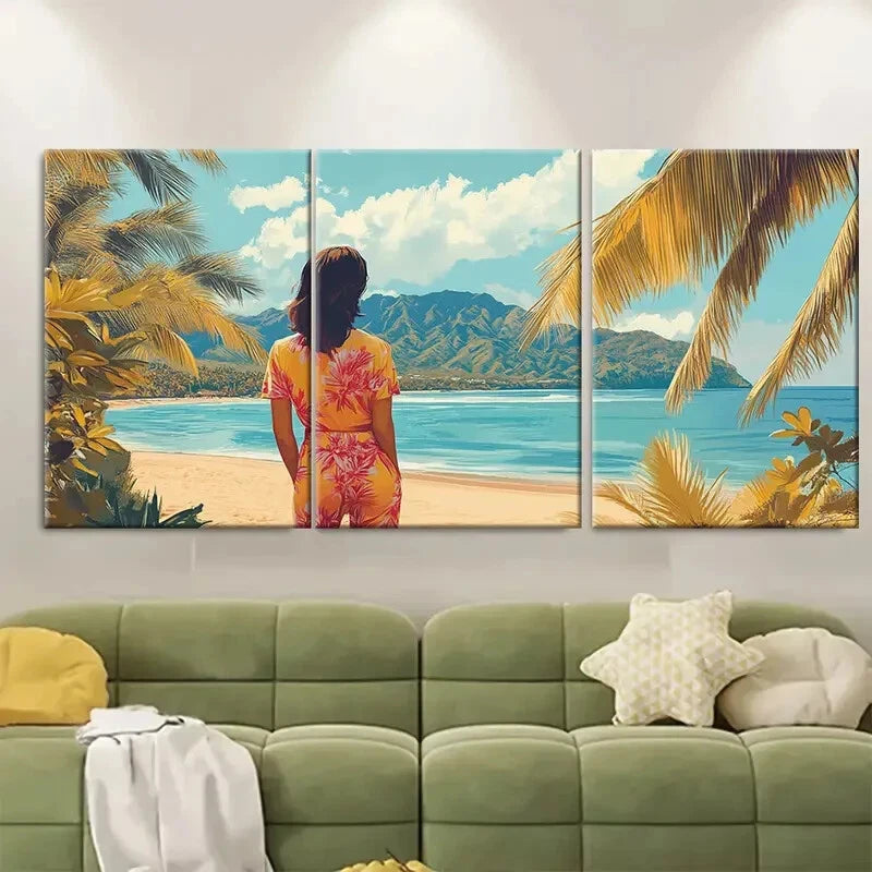3pcs Hawaii Beach Poster - Tropical Palm Tree Metal Print Ready to Hang Art