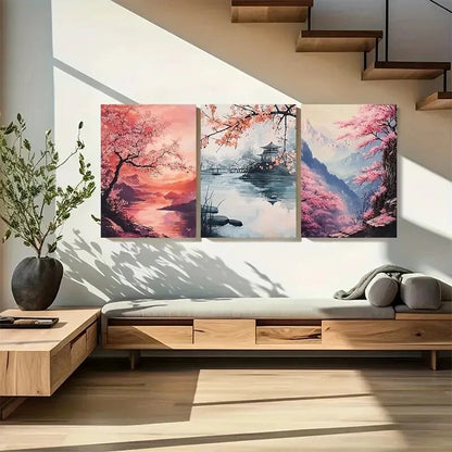 3pcs Japanese Sakura Blossom Landscapes Metal Print Ready to Hang Art