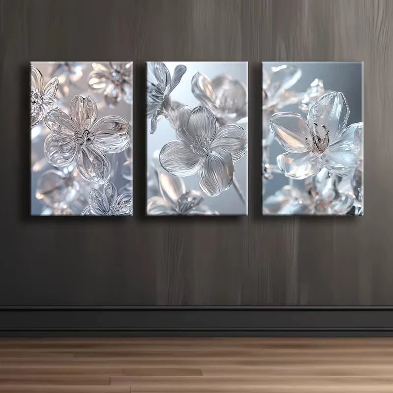 3pcs Clear glass crystal flowers Wall Art Set Canvas Framed 60x90cm - High Quality Print 100% Australian Made Wall Canvas Ready to Hang