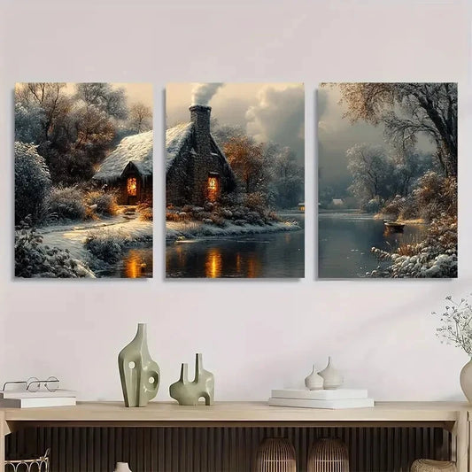 3pcs Rustic Sheep Cottage Landscape Metal Print Ready to Hang Art