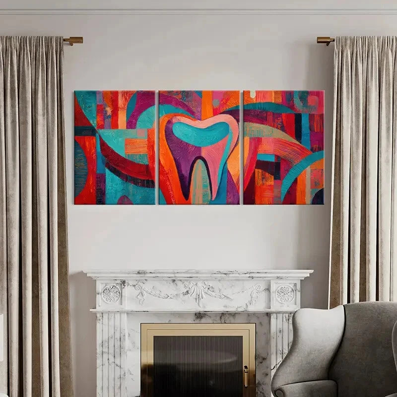 3pcs Abstract Art Vibrant Colors Tooth Shape Metal Print Ready to Hang Art