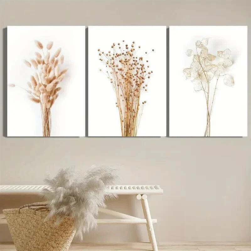 3pcs Botanical Dried Flower Paintings Reeds &Leave Metal Print Ready to Hang Art