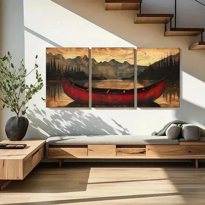 3pcs Red Canoe Mountain Range Forest Wall Art Canvas Unframed - High Quality Print 100% Australian Made Wall Canvas