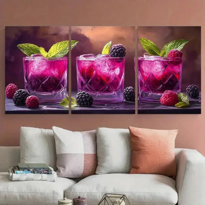 3pcs Fresh Berry Raspberry Blackberry Mint Metal Print Ready to Hang Art