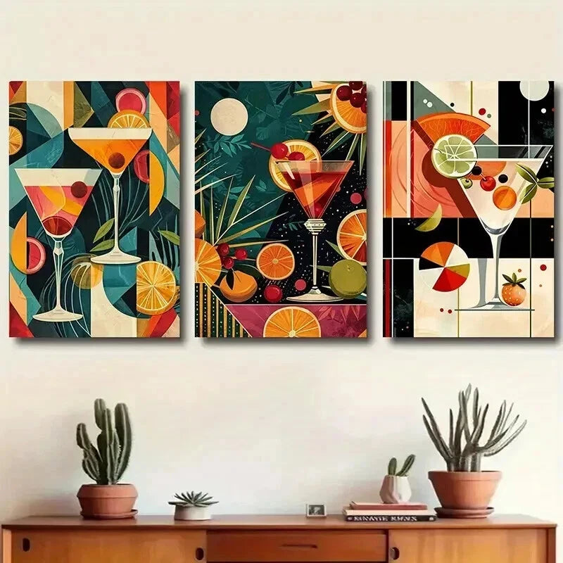 3pcs Vibrant Martini & Citrus Fruit Prints Wall Art Set Canvas Framed 40x60cm - High Quality Print 100% Australian Made Wall Canvas Ready to Hang