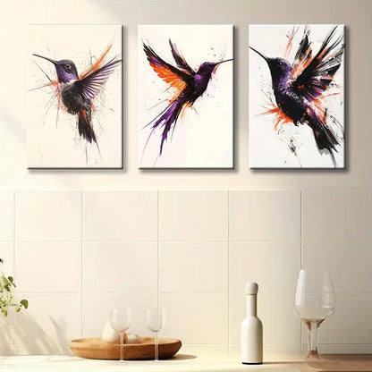 3pcs Purple and Black Hummingbird Bird Paintings Wall Art Set Canvas Framed 60x90cm - High Quality Print 100% Australian Made Wall Canvas Ready to Hang