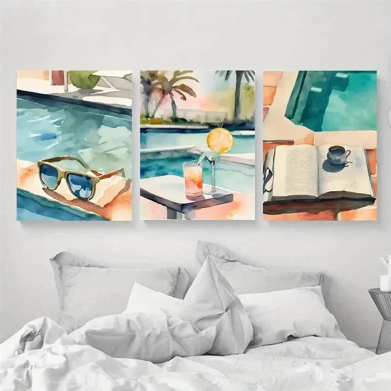 3pcs Swimming Pool Roostertail  Wall Art Set Canvas Framed 40x60cm - High Quality Print 100% Australian Made Wall Canvas Ready to Hang