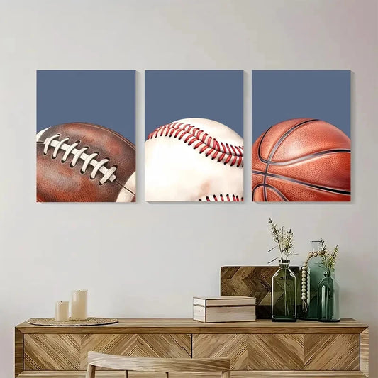 3pcs Sports Balls Football Baseball Basketball Metal Print Ready to Hang Art
