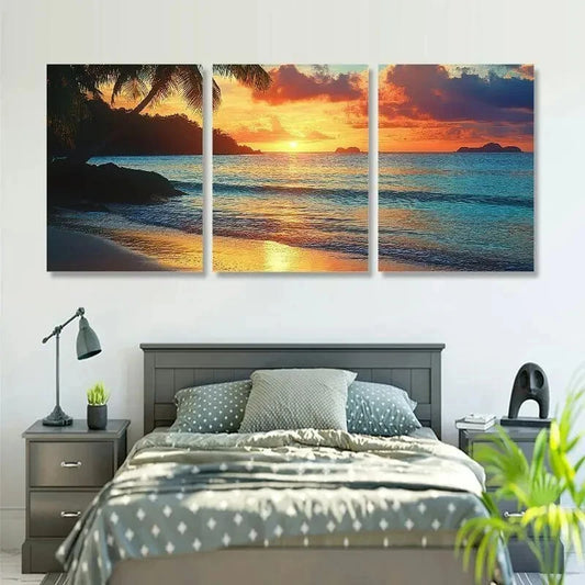 3pcs Panel Palm Tree Beach Sunset Triptych Metal Print Ready to Hang Art