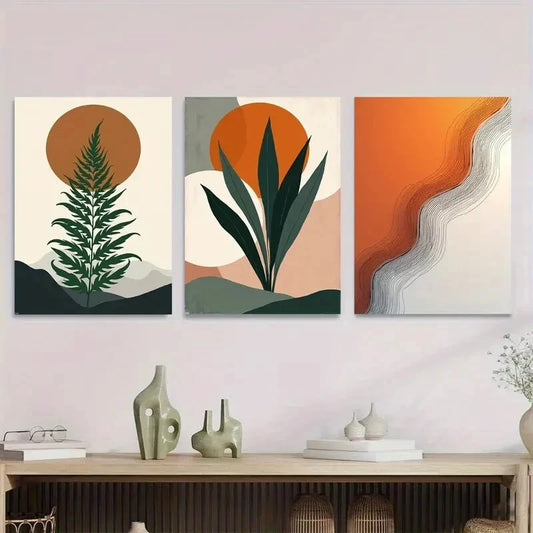 3pcs Modern Abstract Botanical Orange Metal Print Ready to Hang Art