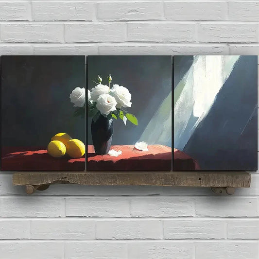 3pcs Chic White Rose Black Vase Metal Print Ready to Hang Art