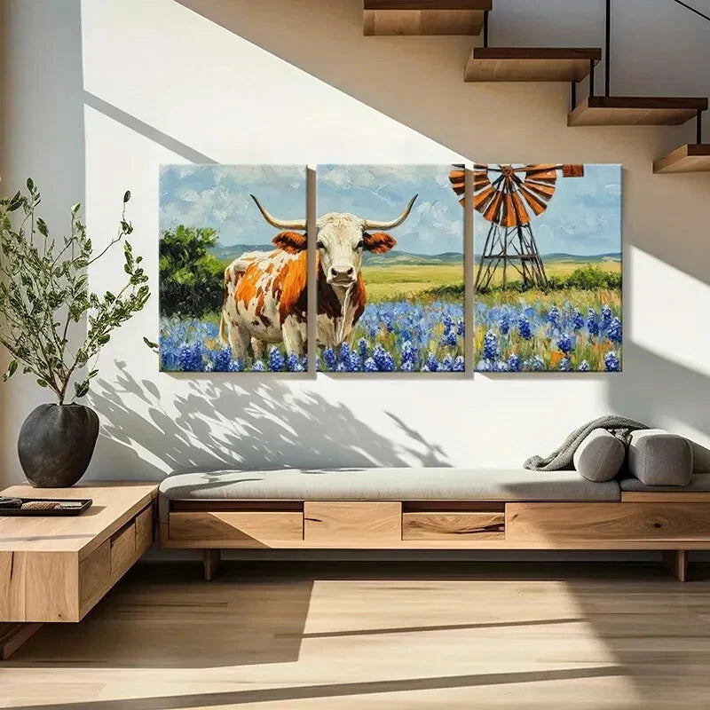 3pcs Texas Longhorn Cow Bluebonnet Flowers Metal Print Ready to Hang Art