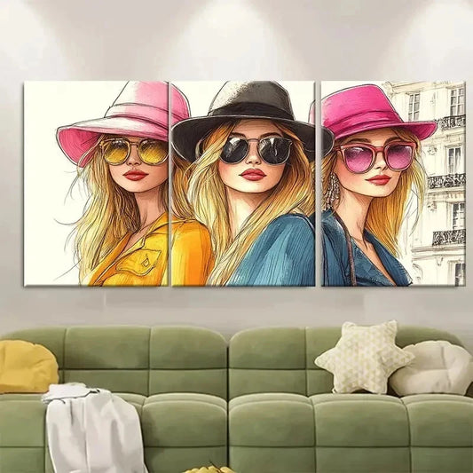 3pcs Chic Paris Fashion Illustration GIRLS  Wall Art Set Canvas Framed 60x90cm - High Quality Print 100% Australian Made Wall Canvas Ready to Hang