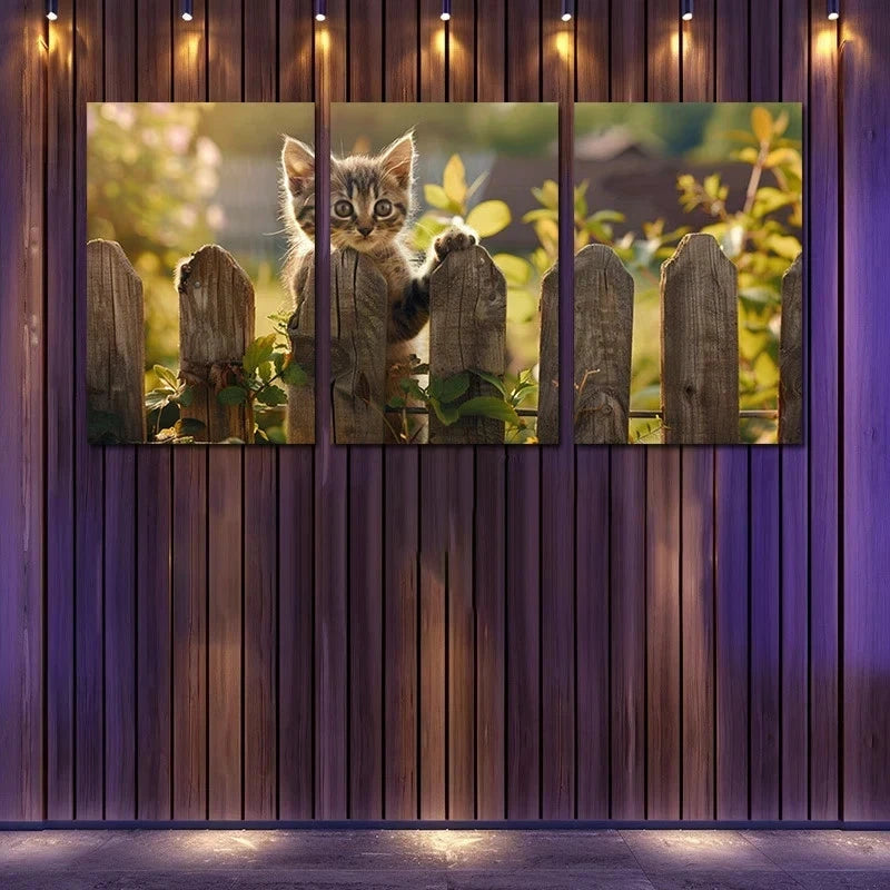 3pcs Charming Kitten at the Fence Metal Print Ready to Hang Art