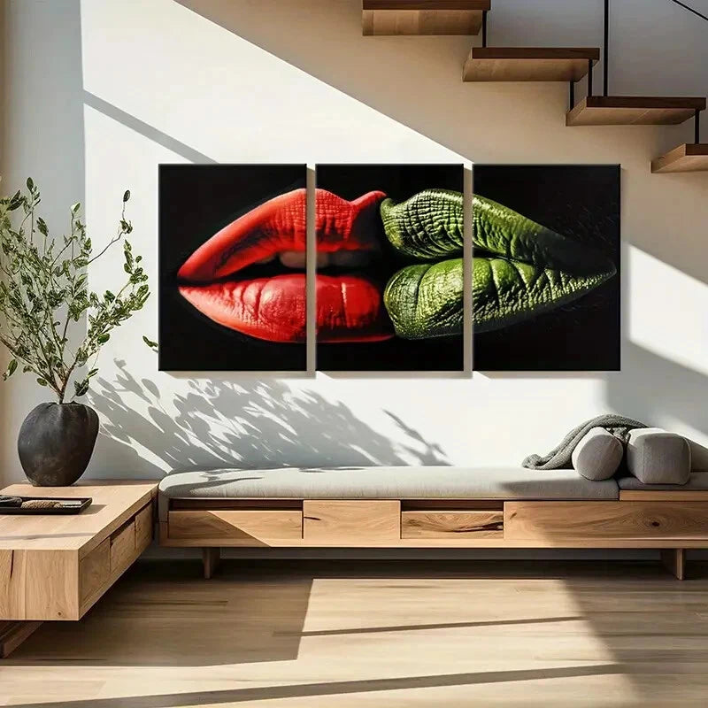 3pcs Red Lips Abstract Art Contrast Colors Metal Print Ready to Hang Art