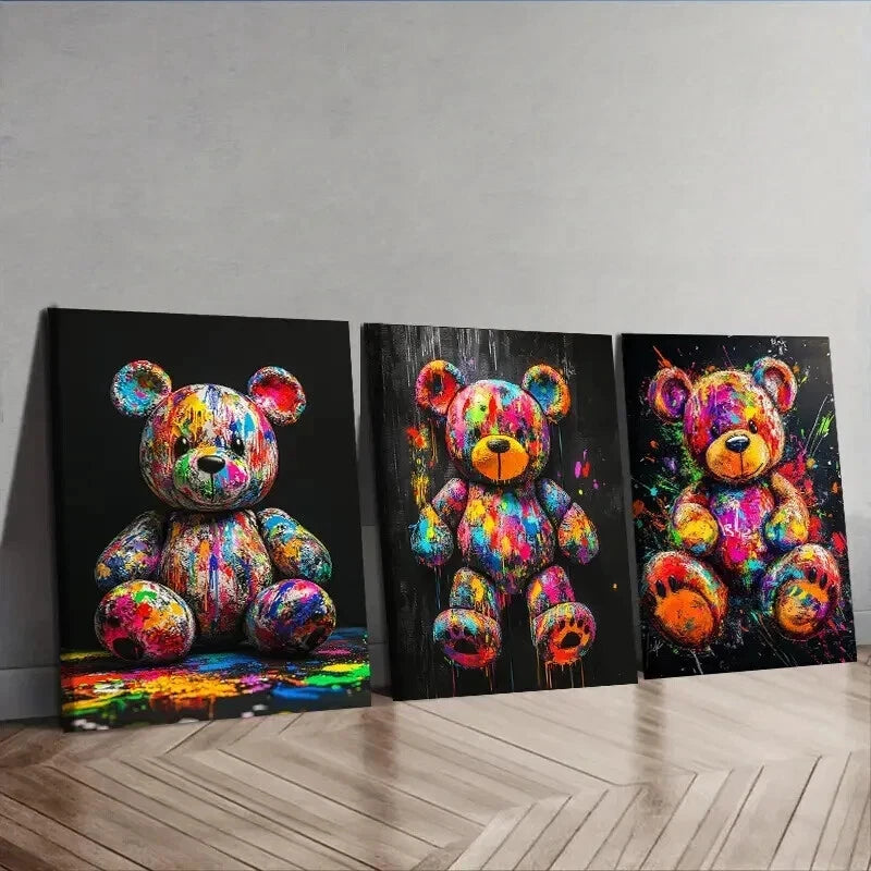 3pcs  Colorful teddy bear graffiti Painting Wall Art Set Canvas Framed 50x70cm - High Quality Print 100% Australian Made Wall Canvas Ready to Hang