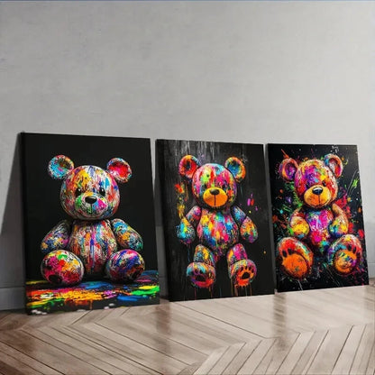 3pcs  Colorful teddy bear graffiti Painting Wall Art Set Canvas Framed 50x70cm - High Quality Print 100% Australian Made Wall Canvas Ready to Hang