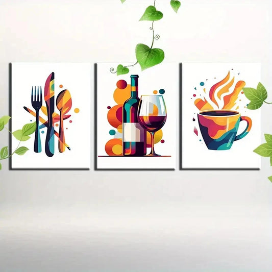 3pcs Vibrant Teal Blue and Orange Kitchenware Metal Print Ready to Hang Art