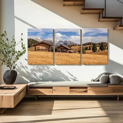 3pcs Plateau Mountains and Huts Modern  Wall Art Set Canvas Framed 40x60cm - High Quality Print 100% Australian Made Wall Canvas Ready to Hang