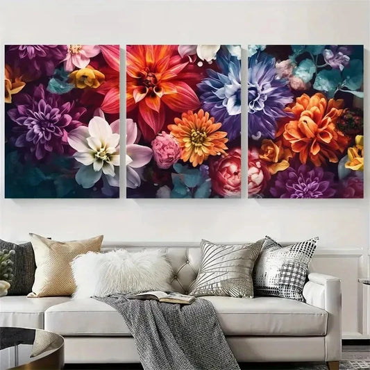 3pcs Abstract Colorful Dahlia Bouquet Metal Print Ready to Hang Art