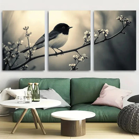 3pcs Bird Perched On Branch with Smoky Background Metal Print Ready to Hang Art