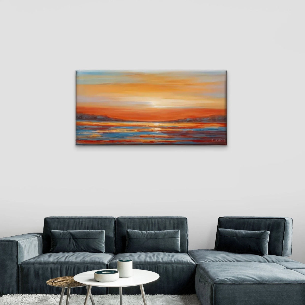 Ocean Sunset Watercolour Wall Art Canvas Office Home Room Framed 120x60cm