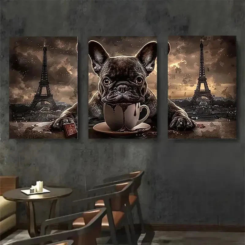 3pcs French Bulldog & Eiffel Tower Metal Print Ready to Hang Art