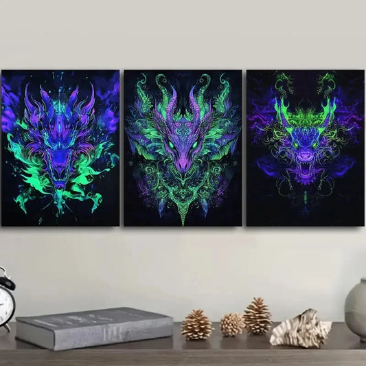 3pcs Traditional & Contemporary Dragon Metal Print Ready to Hang Art