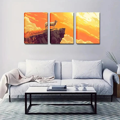 3pcs Sheep on Cliff, Wall Art Set Canvas Framed 60x90cm - High Quality Print 100% Australian Made Wall Canvas Ready to Hang