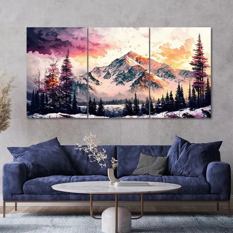 3 Piece Abstract Snow Mountain Forest Painting Style Art Canvas Framed 60x90cm - High Quality Print 100% Australian Made Wall Canvas Ready to Hang