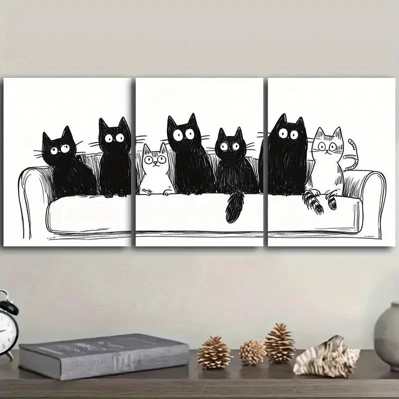 3pcs Black & White Cats Sitting on Couch Wall Art Set Canvas Framed 40x60cm - High Quality Print 100% Australian Made Wall Canvas Ready to Hang