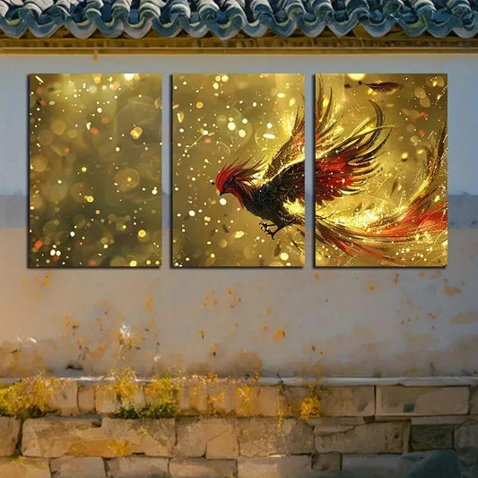 3pcs Vibrant Phoenix Golden Illustration Metal Print Ready to Hang Art
