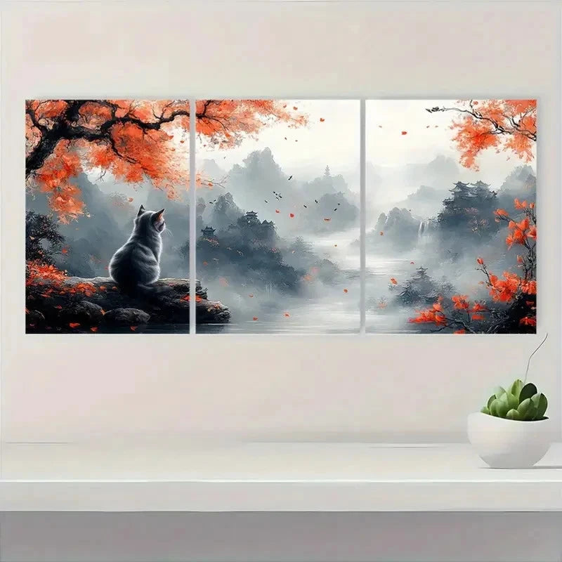 3pcs Chinese Style Cat on Tree Metal Print Ready to Hang Art
