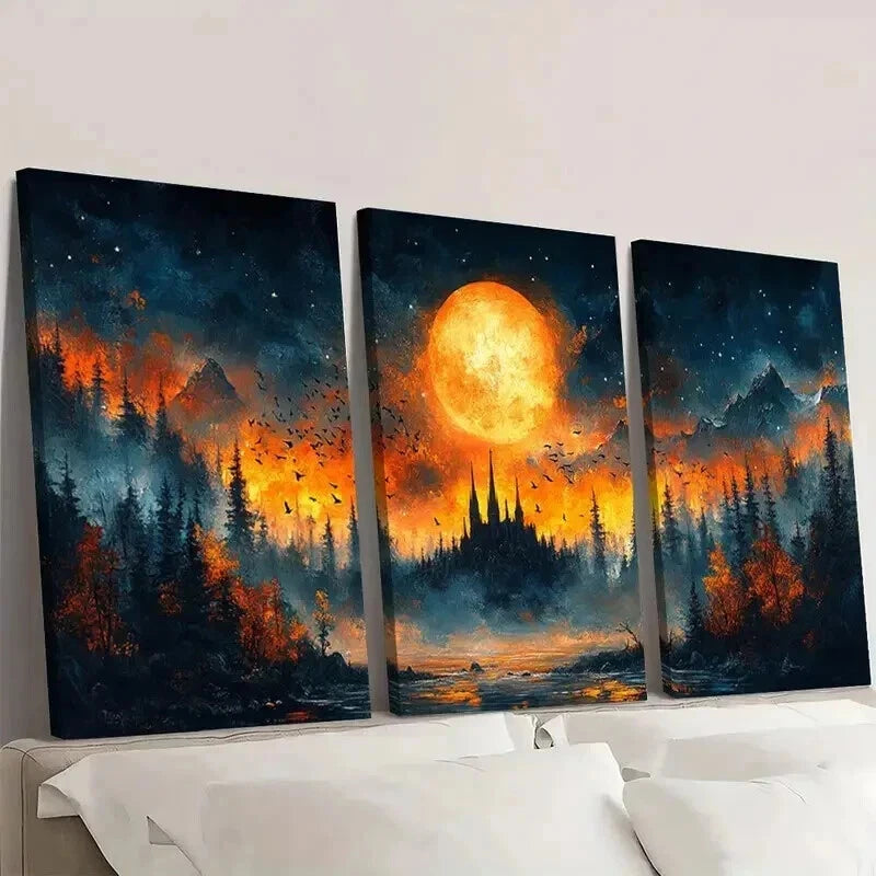 3pcs Mystical Night Scene with Full Moon Wall Art Set Canvas Framed 40x60cm - High Quality Print 100% Australian Made Wall Canvas Ready to Hang
