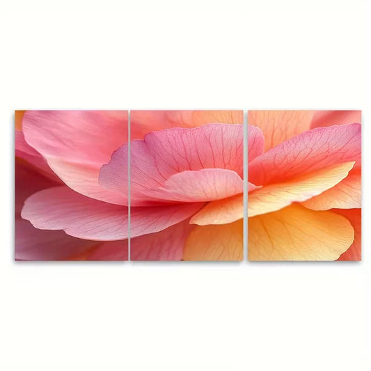 3pcs Contrast Pink And Yellow Petals Close Up Metal Print Ready to Hang Art