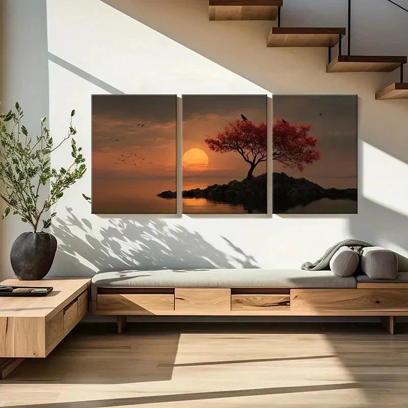 3pcs Sunset Tree Silhouette with Birds Orange Sky Metal Print Ready to Hang Art