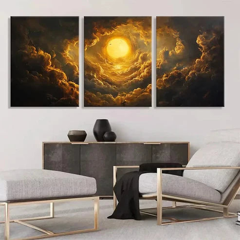 3pcs Dramatic Golden Sun and Clouds Perfect Wall Art Canvas Unframed - High Quality Print 100% Australian Made Wall Canvas