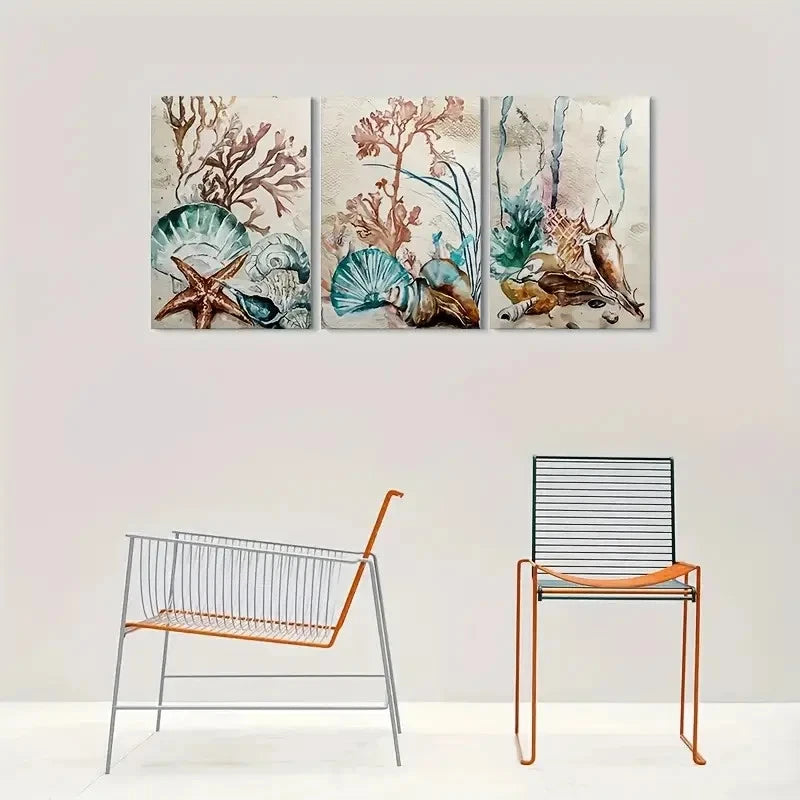 3pcs Oceanic Elegance Coastal Seashell & Coral Metal Print Ready to Hang Art