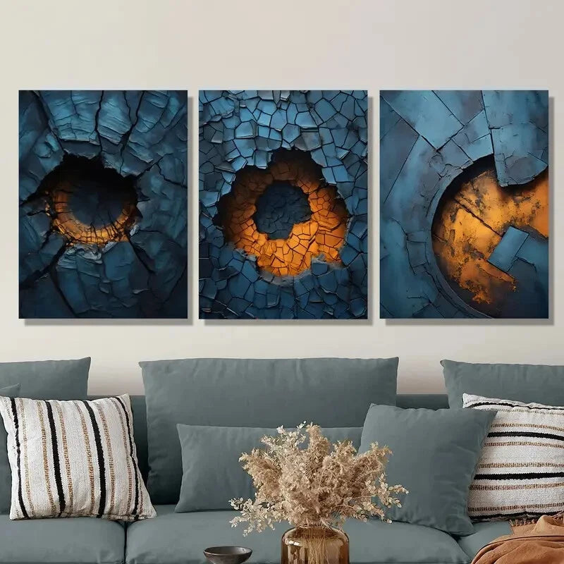 3pcs Abstract Blue Metal Texture Metal Print Ready to Hang Art
