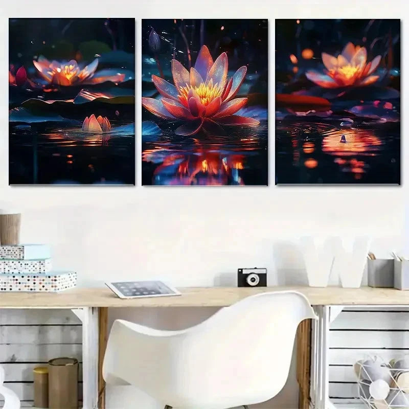 3pcs Vibrant Lotus Portrait Landscape Theme Metal Print Ready to Hang Art
